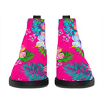 Hot Pink Aloha Hibiscus Pattern Print Flat Ankle Boots