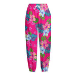 Hot Pink Aloha Hibiscus Pattern Print Fleece Lined Knit Pants