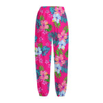Hot Pink Aloha Hibiscus Pattern Print Fleece Lined Knit Pants