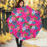 Hot Pink Aloha Hibiscus Pattern Print Foldable Umbrella