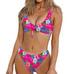 Hot Pink Aloha Hibiscus Pattern Print Front Bow Tie Bikini