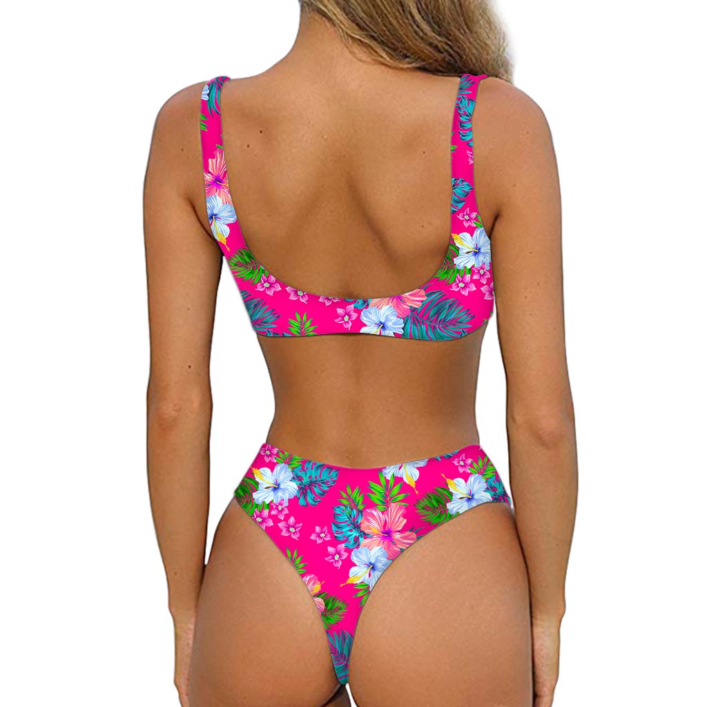 Hot Pink Aloha Hibiscus Pattern Print Front Bow Tie Bikini