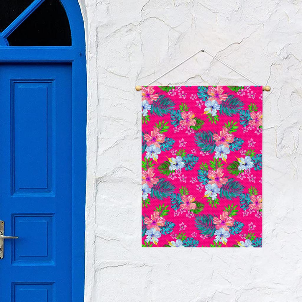Hot Pink Aloha Hibiscus Pattern Print Garden Flag