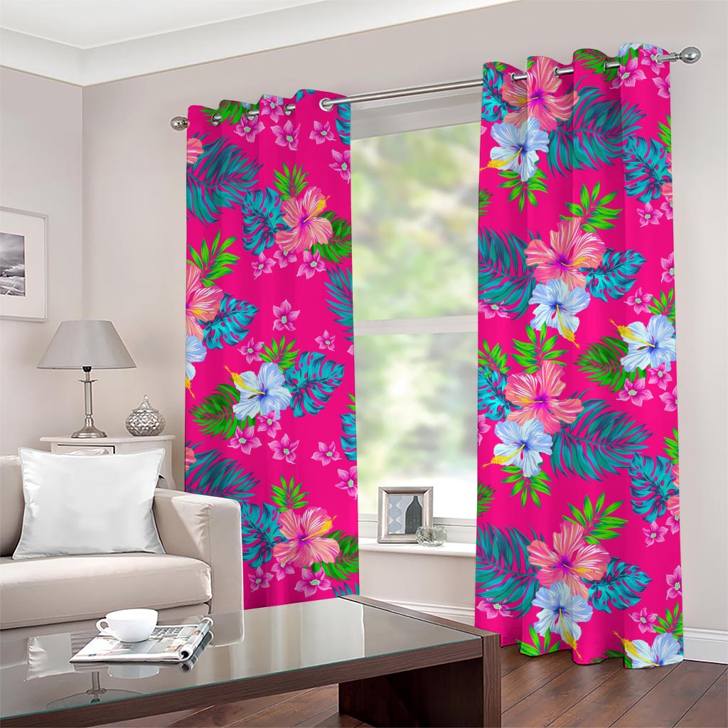 Hot Pink Aloha Hibiscus Pattern Print Grommet Curtains