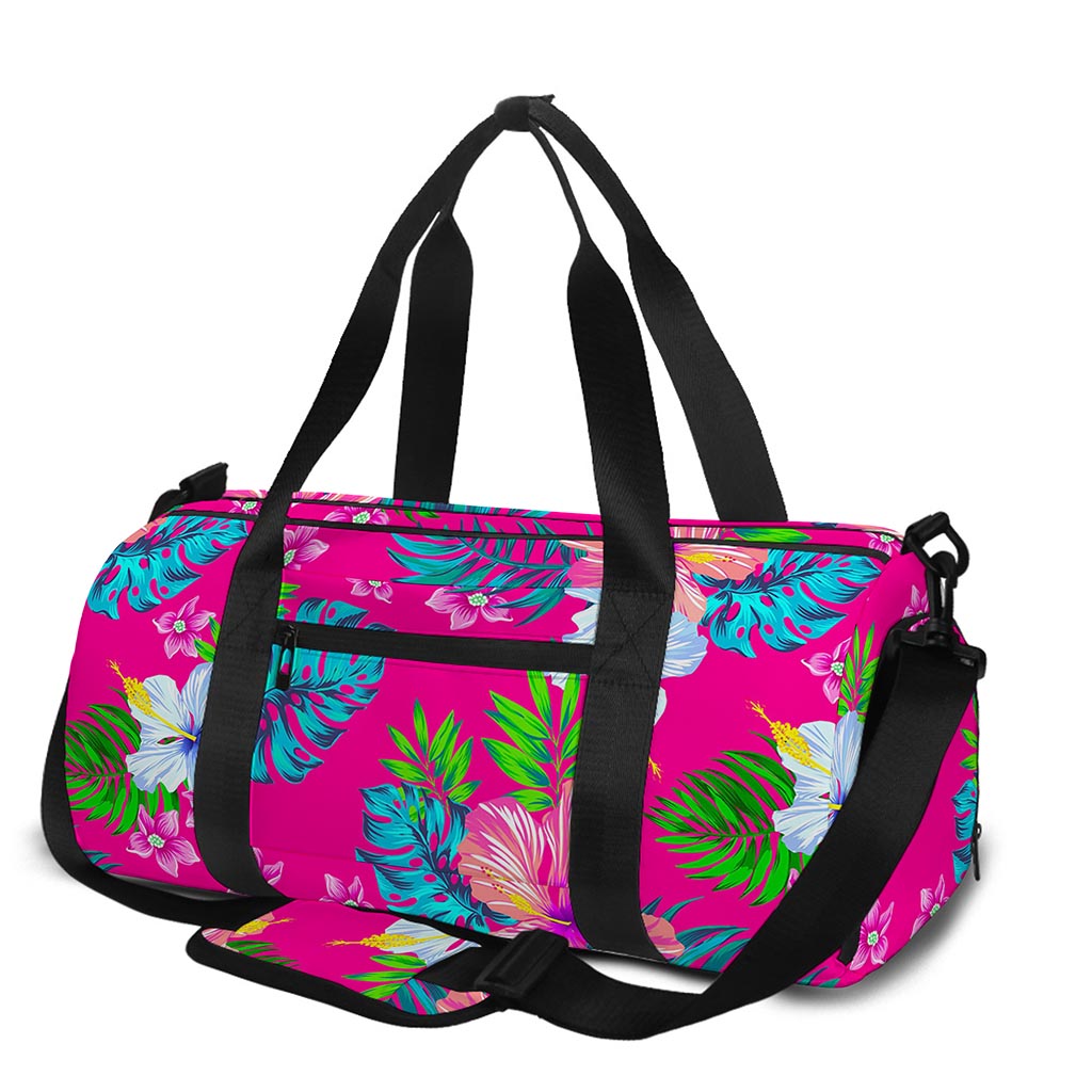 Hot Pink Aloha Hibiscus Pattern Print Gym Bag