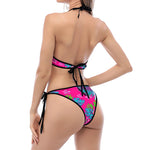Hot Pink Aloha Hibiscus Pattern Print Halter Scoop Tie Side Bikini