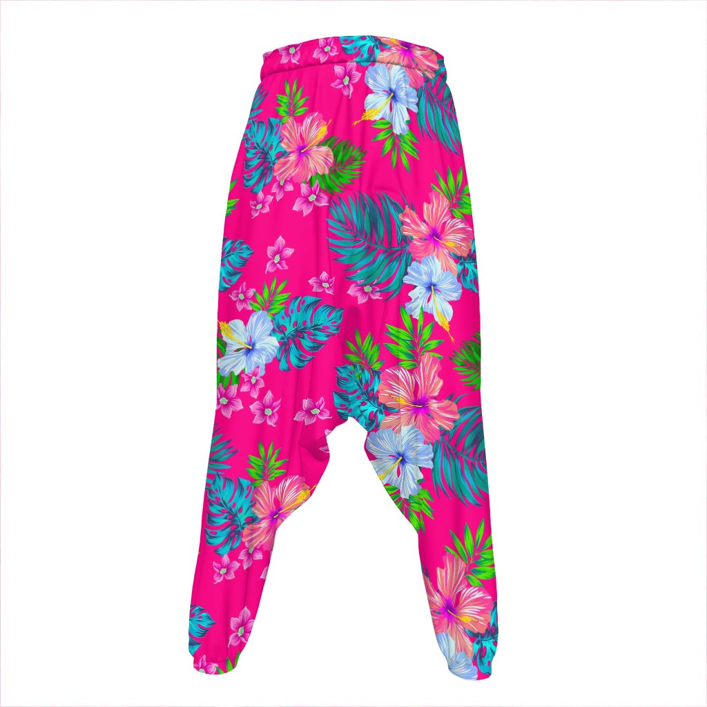 Hot Pink Aloha Hibiscus Pattern Print Hammer Pants