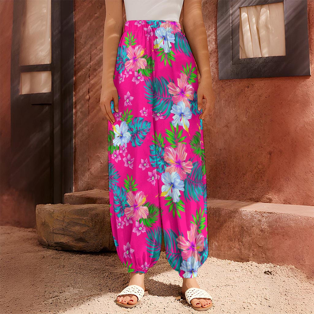 Hot Pink Aloha Hibiscus Pattern Print Harem Pants