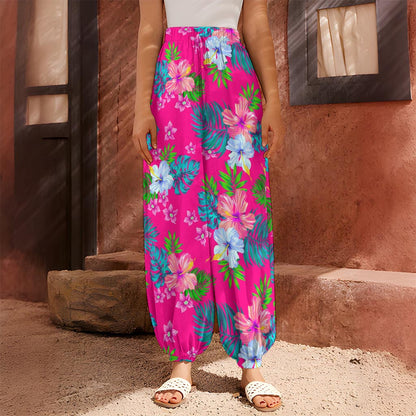 Hot Pink Aloha Hibiscus Pattern Print Harem Pants