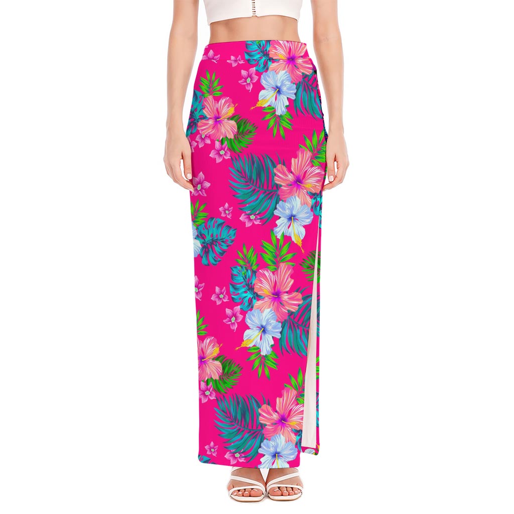 Hot Pink Aloha Hibiscus Pattern Print High Slit Maxi Skirt