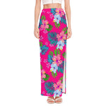 Hot Pink Aloha Hibiscus Pattern Print High Slit Maxi Skirt