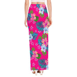 Hot Pink Aloha Hibiscus Pattern Print High Slit Maxi Skirt