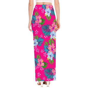 Hot Pink Aloha Hibiscus Pattern Print High Slit Maxi Skirt