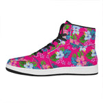 Hot Pink Aloha Hibiscus Pattern Print High Top Leather Sneakers