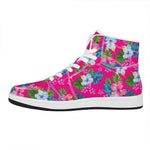 Hot Pink Aloha Hibiscus Pattern Print High Top Leather Sneakers