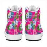 Hot Pink Aloha Hibiscus Pattern Print High Top Leather Sneakers