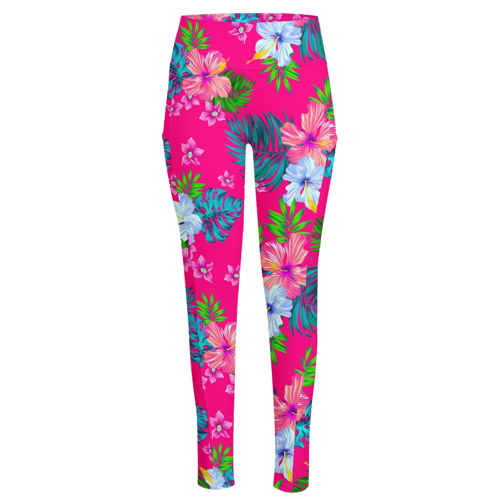 Hot Pink Aloha Hibiscus Pattern Print High-Waisted Pocket Leggings