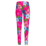 Hot Pink Aloha Hibiscus Pattern Print High-Waisted Pocket Leggings