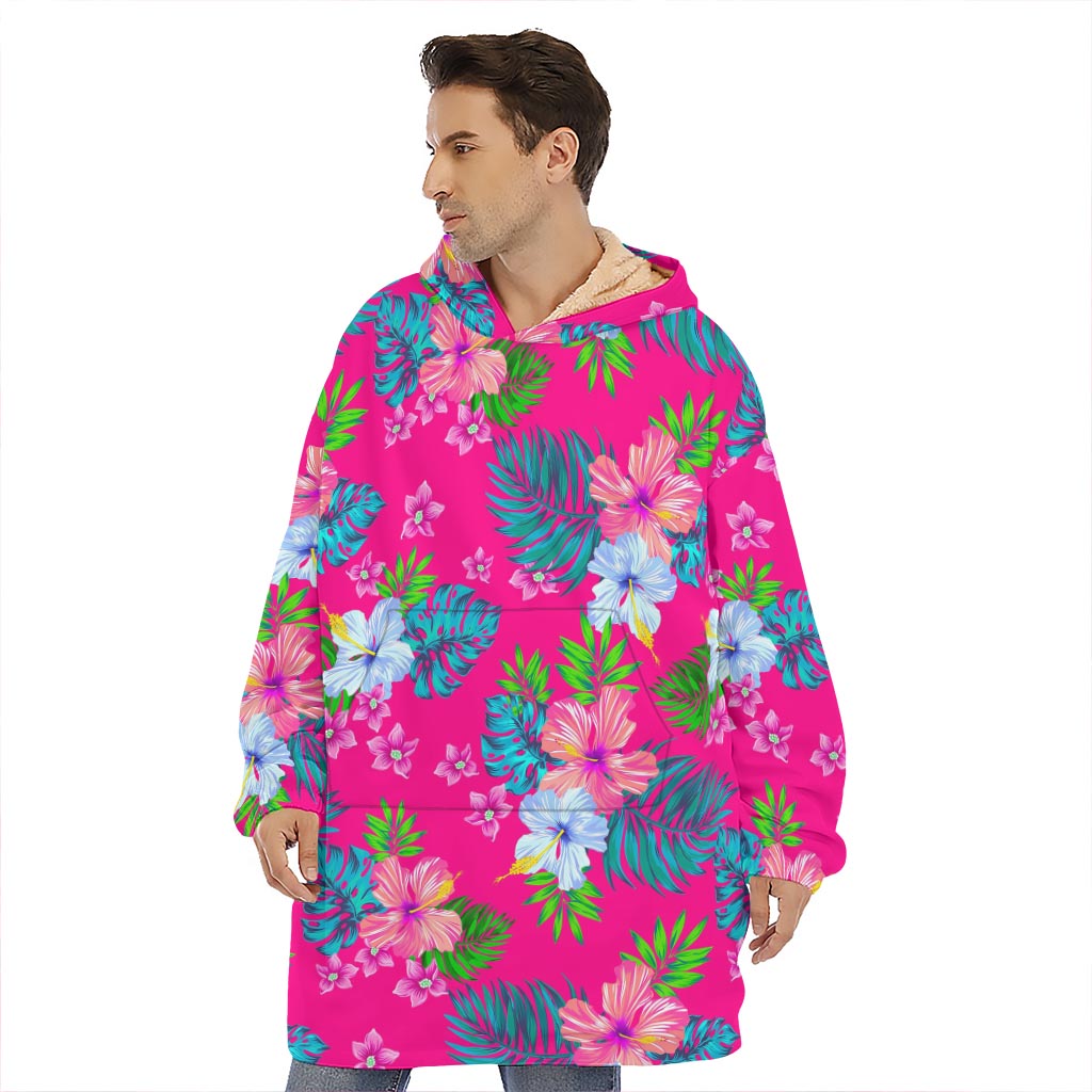 Hot Pink Aloha Hibiscus Pattern Print Hoodie Blanket
