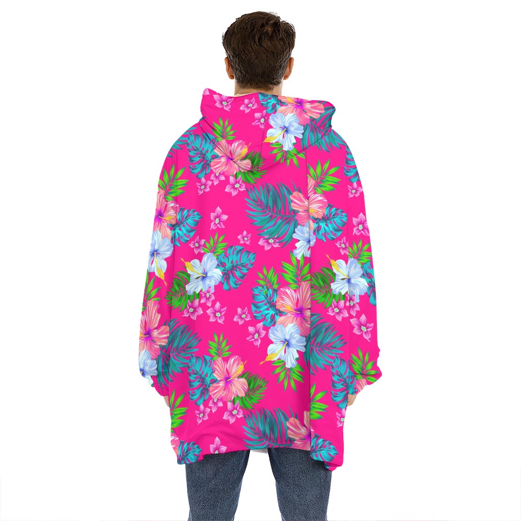 Hot Pink Aloha Hibiscus Pattern Print Hoodie Blanket