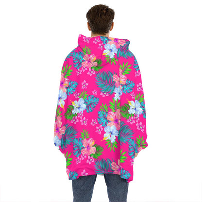 Hot Pink Aloha Hibiscus Pattern Print Hoodie Blanket