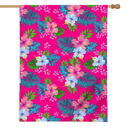 Hot Pink Aloha Hibiscus Pattern Print House Flag