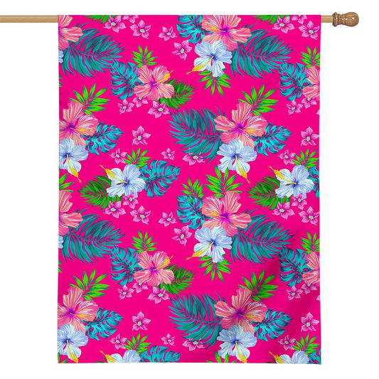 Hot Pink Aloha Hibiscus Pattern Print House Flag