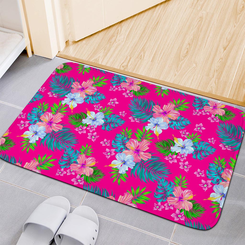 Hot Pink Aloha Hibiscus Pattern Print Indoor Door Mat