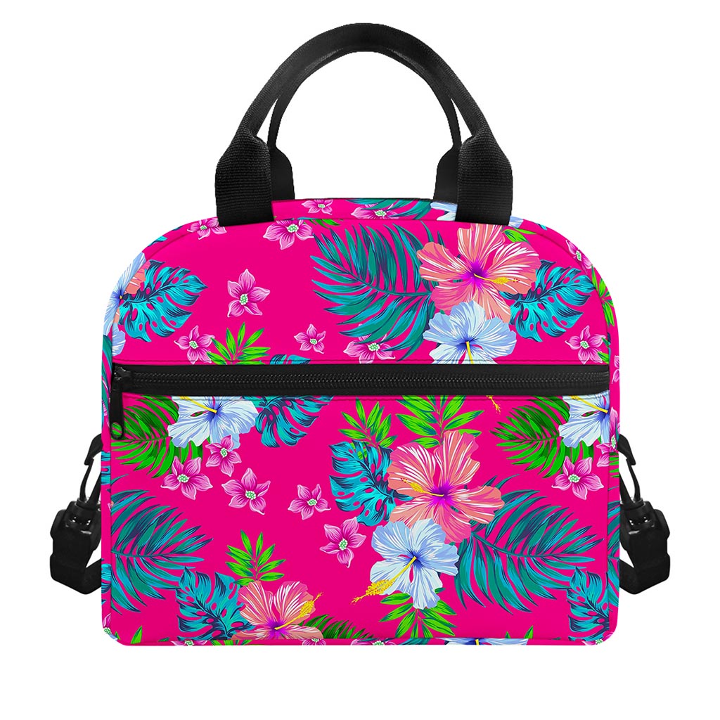 Hot Pink Aloha Hibiscus Pattern Print Insulated Lunch Bag