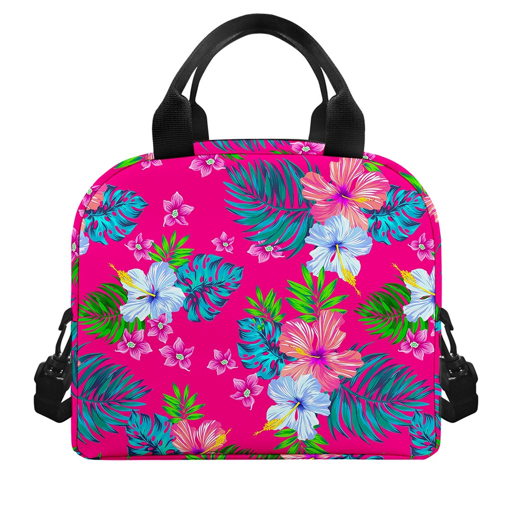 Hot Pink Aloha Hibiscus Pattern Print Insulated Lunch Bag