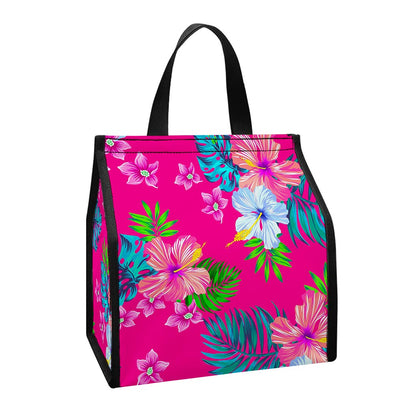 Hot Pink Aloha Hibiscus Pattern Print Insulated Lunch Tote