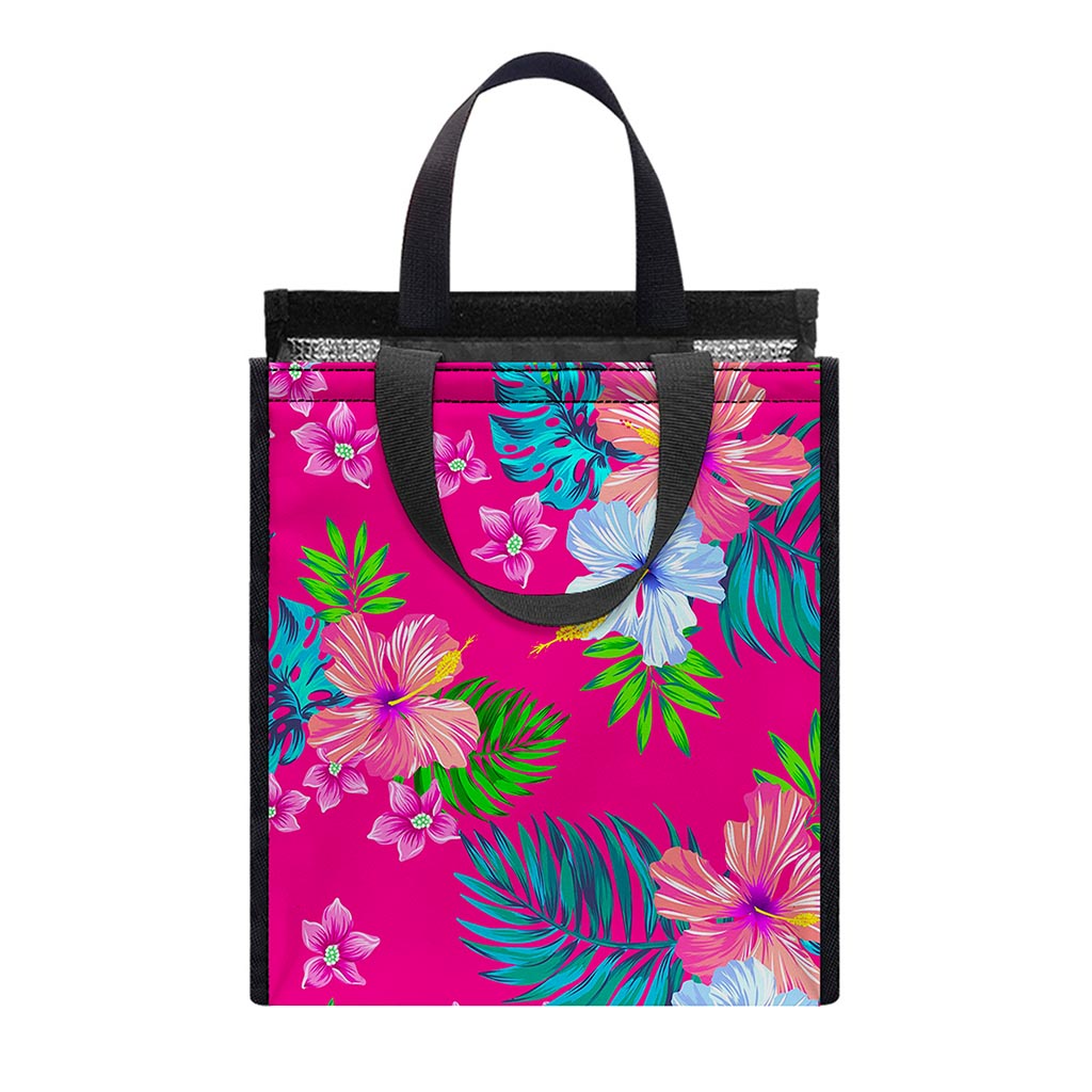 Hot Pink Aloha Hibiscus Pattern Print Insulated Lunch Tote