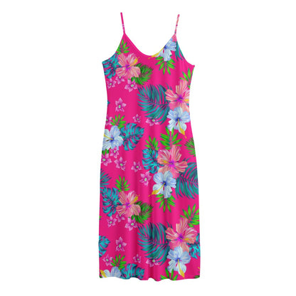 Hot Pink Aloha Hibiscus Pattern Print Jersey Midi Cami Dress