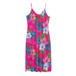 Hot Pink Aloha Hibiscus Pattern Print Jersey Midi Cami Dress