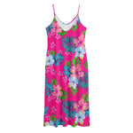 Hot Pink Aloha Hibiscus Pattern Print Jersey Midi Cami Dress
