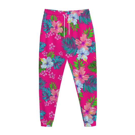 Hot Pink Aloha Hibiscus Pattern Print Jogger Pants