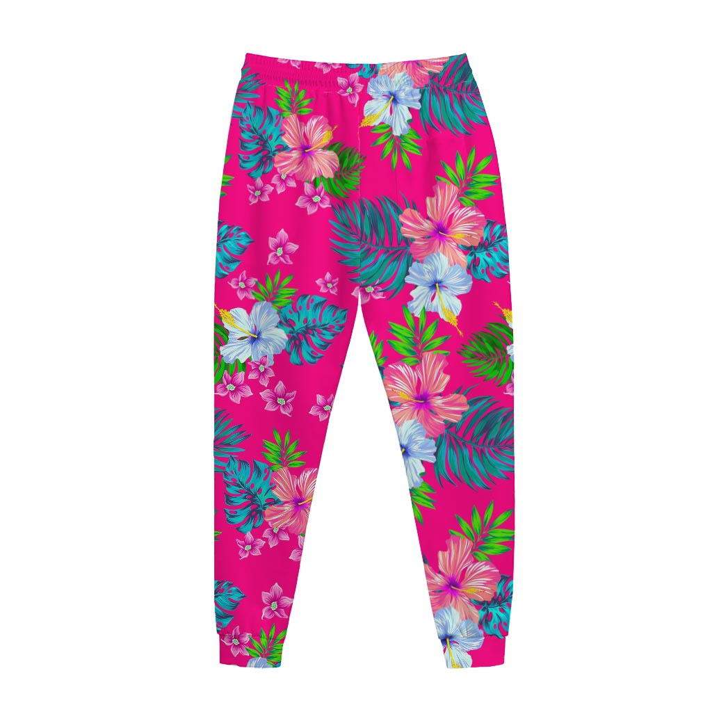Hot Pink Aloha Hibiscus Pattern Print Jogger Pants
