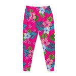 Hot Pink Aloha Hibiscus Pattern Print Jogger Pants