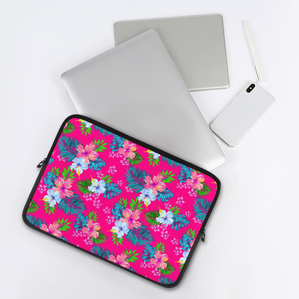 Hot Pink Aloha Hibiscus Pattern Print Laptop Sleeve