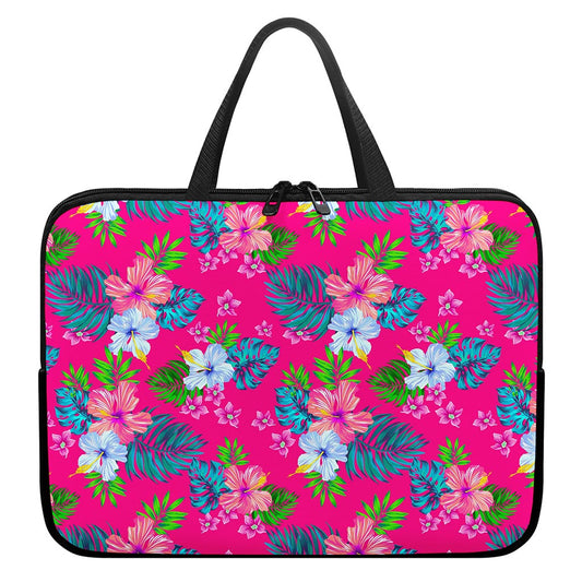 Hot Pink Aloha Hibiscus Pattern Print Laptop Sleeve With Handle