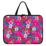 Hot Pink Aloha Hibiscus Pattern Print Laptop Sleeve With Handle
