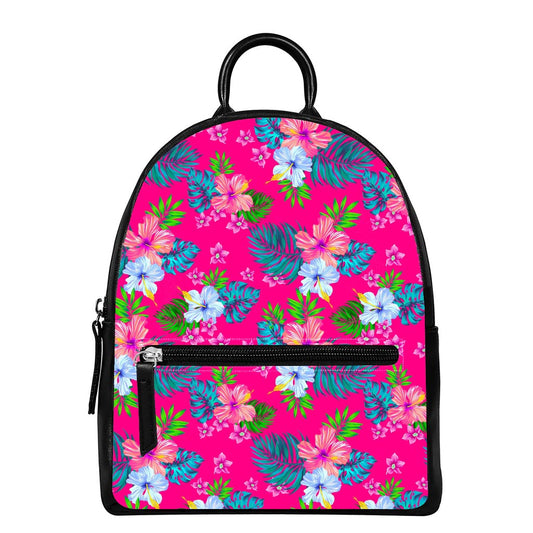 Hot Pink Aloha Hibiscus Pattern Print Leather Backpack
