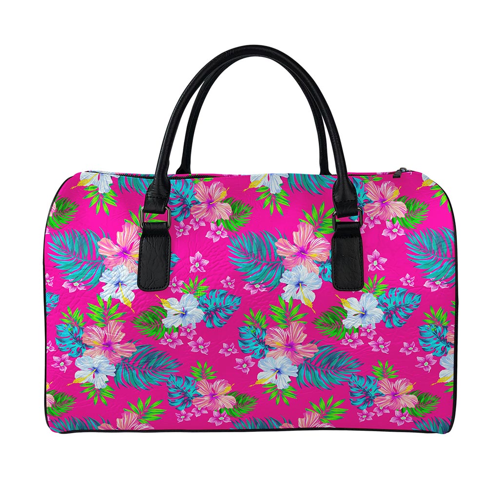 Hot Pink Aloha Hibiscus Pattern Print Leather Duffle Bag