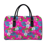Hot Pink Aloha Hibiscus Pattern Print Leather Duffle Bag