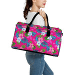 Hot Pink Aloha Hibiscus Pattern Print Leather Duffle Bag