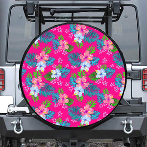 Hot Pink Aloha Hibiscus Pattern Print Leather Spare Tire Cover