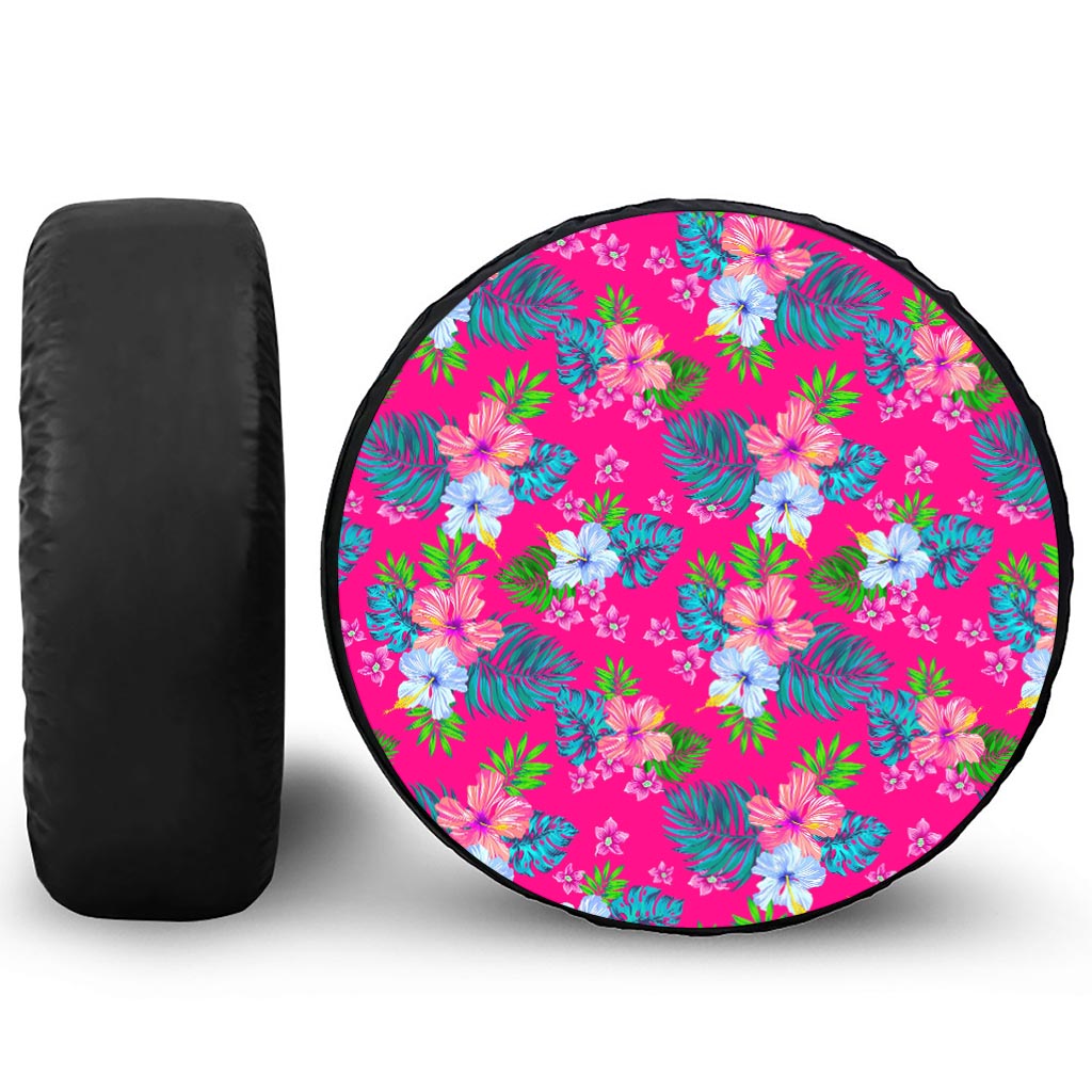 Hot Pink Aloha Hibiscus Pattern Print Leather Spare Tire Cover