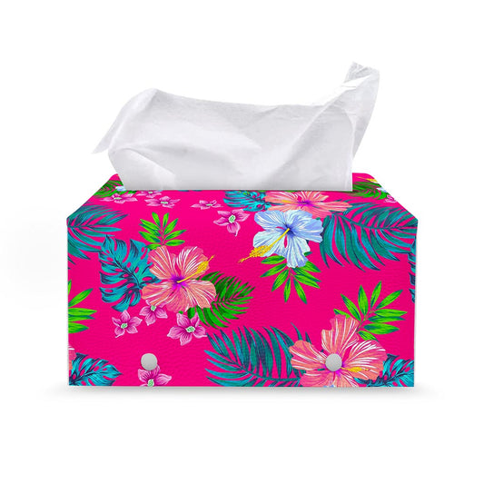 Hot Pink Aloha Hibiscus Pattern Print Leather Tissue Box Cover