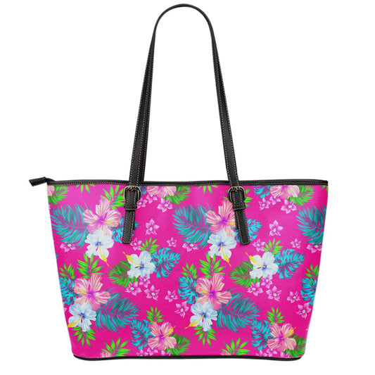 Hot Pink Aloha Hibiscus Pattern Print Leather Tote Bag
