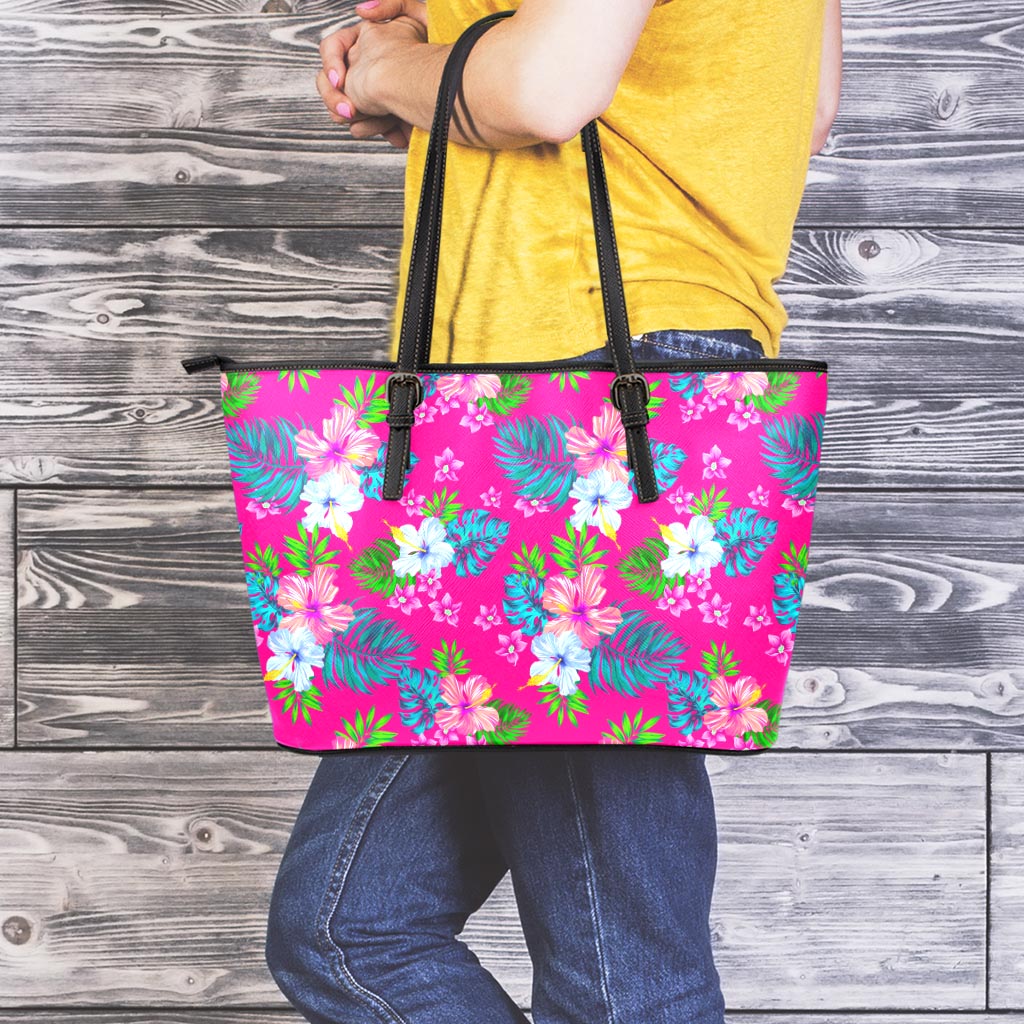 Hot Pink Aloha Hibiscus Pattern Print Leather Tote Bag